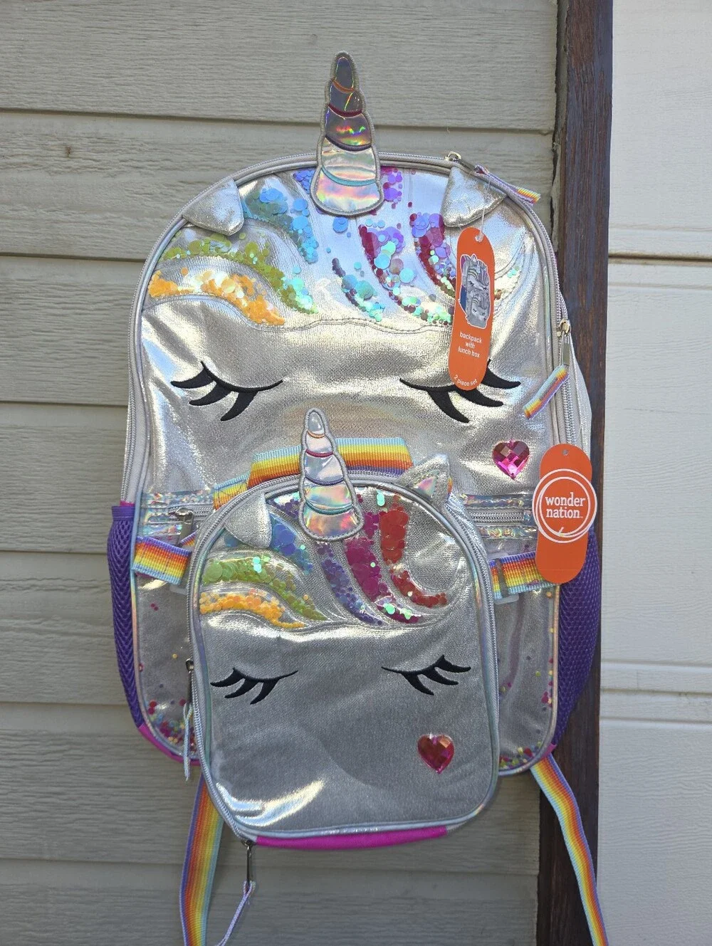 Wonder nation Silver Unicorn Sequin Backpack with Rainbow Accents And Lunch Box